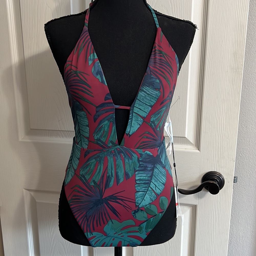 NWT Bikini Lab Palm Leaf Plunge Halter One Piece SwimSuit Size XS